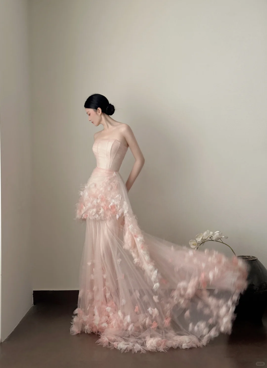 Vestido largo de fiesta, de noche y de satén rosa con apliques de tul y corte sirena, sin tirantes, GG2819