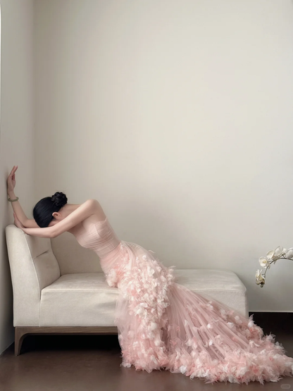 Vestido largo de fiesta, de noche y de satén rosa con apliques de tul y corte sirena, sin tirantes, GG2819