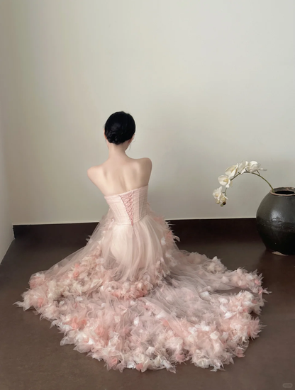 Vestido largo de fiesta, de noche y de satén rosa con apliques de tul y corte sirena, sin tirantes, GG2819