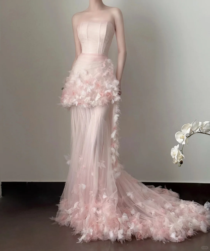 Vestido largo de fiesta, de noche y de satén rosa con apliques de tul y corte sirena, sin tirantes, GG2819