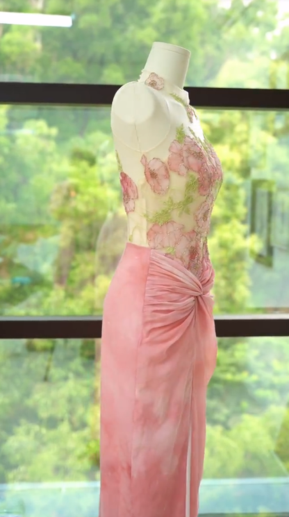 Hermoso vestido de fiesta largo de sirena con cuello chino, de gasa, tul y cuentas, con abertura, para graduación, noche, GG2821