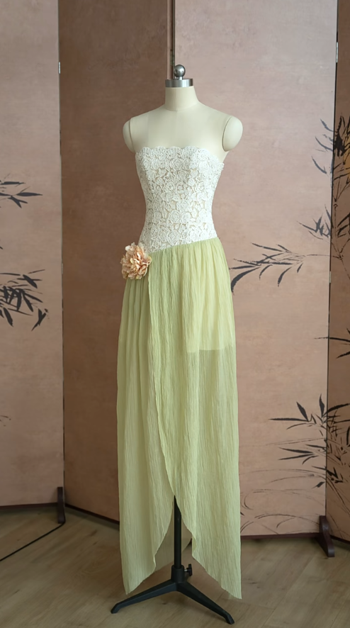 Impresionante vestido de fiesta largo de gasa con encaje, sin tirantes y abertura en forma de A, vestido de noche GG2826