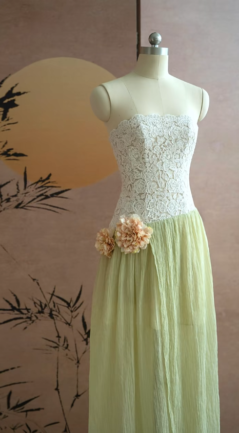 Impresionante vestido de fiesta largo de gasa con encaje, sin tirantes y abertura en forma de A, vestido de noche GG2826