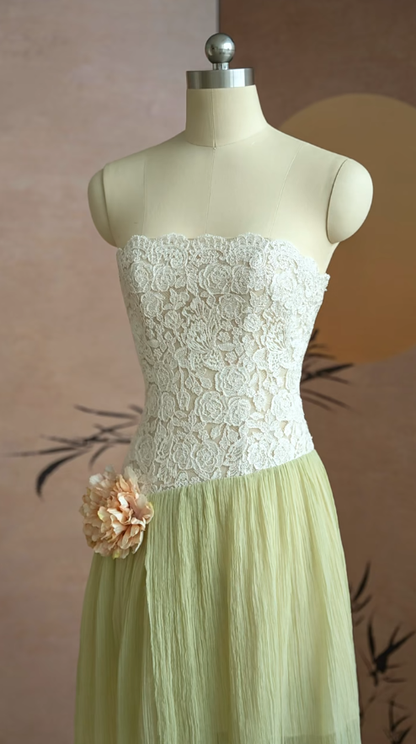 Impresionante vestido de fiesta largo de gasa con encaje, sin tirantes y abertura en forma de A, vestido de noche GG2826