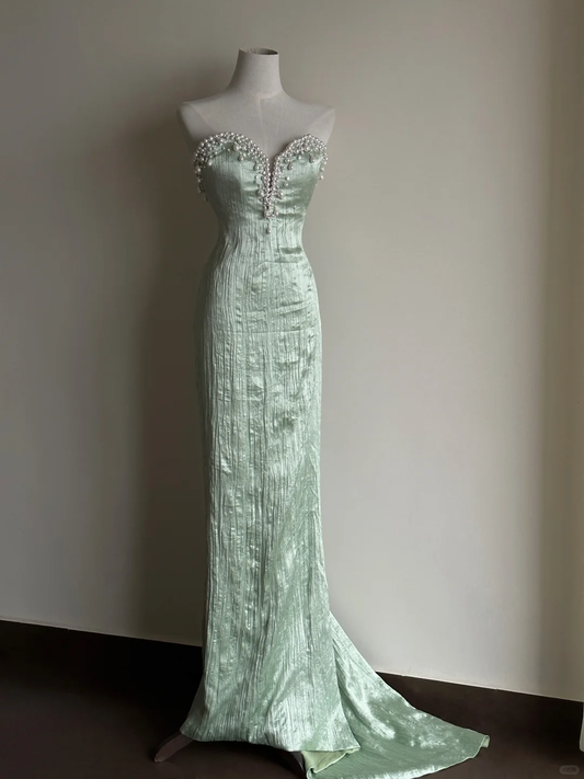 Impresionante vestido de fiesta largo de sirena sin tirantes en satén verde menta con cuentas, vestido de fiesta, vestido de noche GG2829