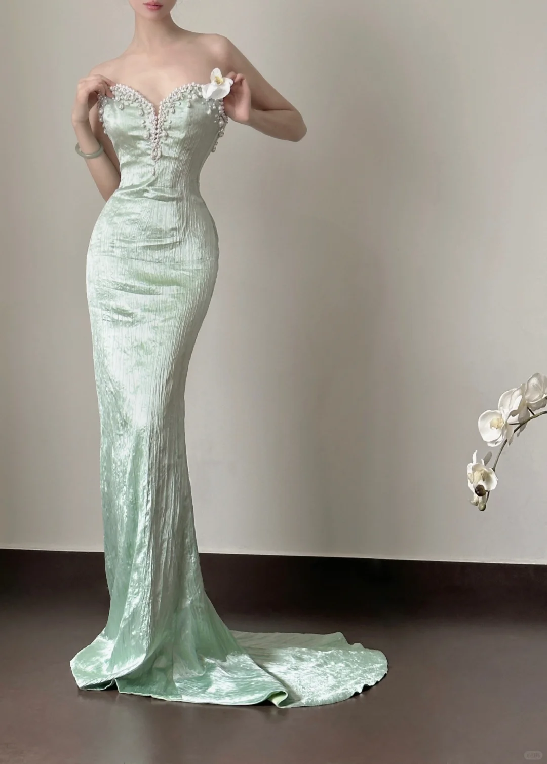 Impresionante vestido de fiesta largo de sirena sin tirantes en satén verde menta con cuentas, vestido de fiesta, vestido de noche GG2829