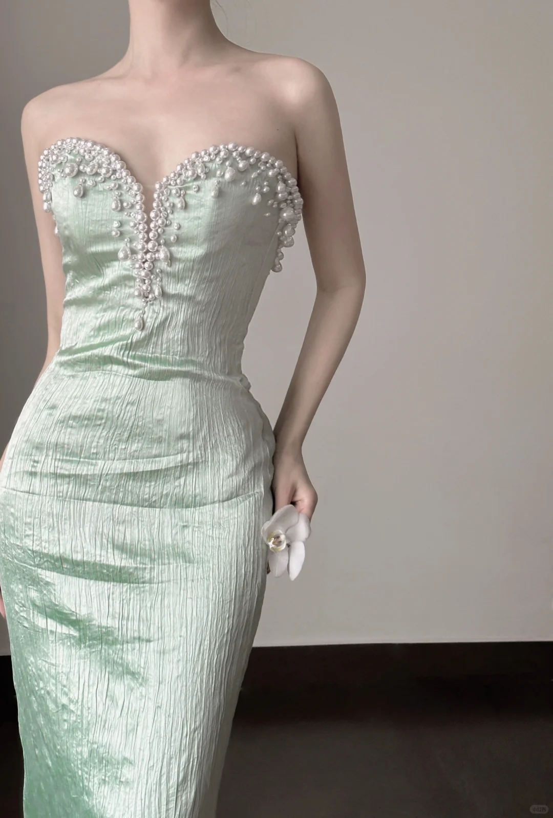 Impresionante vestido de fiesta largo de sirena sin tirantes en satén verde menta con cuentas, vestido de fiesta, vestido de noche GG2829