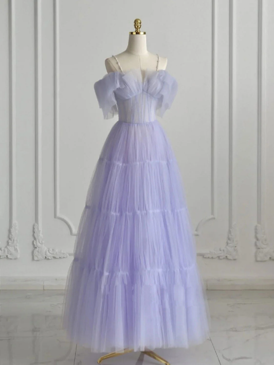 Elegante vestido de fiesta largo de tul color lavanda con tirantes finos y escote en A, corte en A, con hombros descubiertos y cuentas, vestido de noche GG282