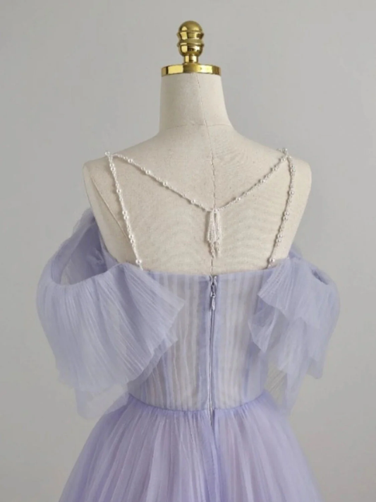 Elegante vestido de fiesta largo de tul color lavanda con tirantes finos y escote en A, corte en A, con hombros descubiertos y cuentas, vestido de noche GG282