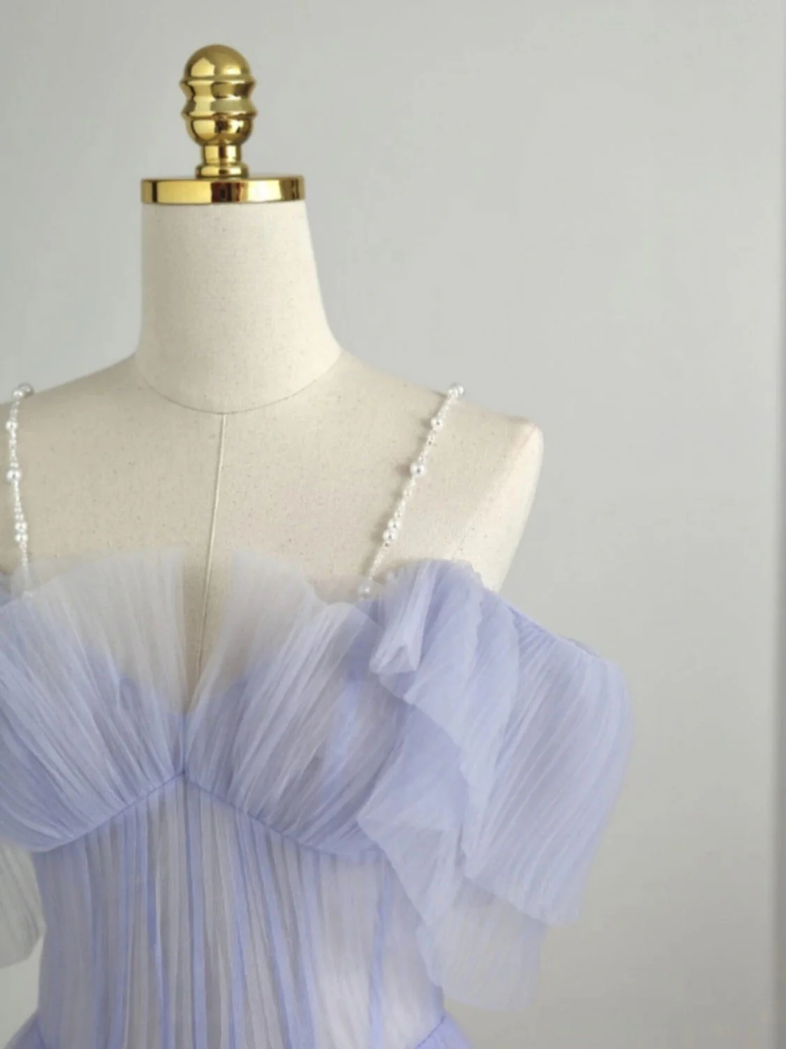 Elegante vestido de fiesta largo de tul color lavanda con tirantes finos y escote en A, corte en A, con hombros descubiertos y cuentas, vestido de noche GG282