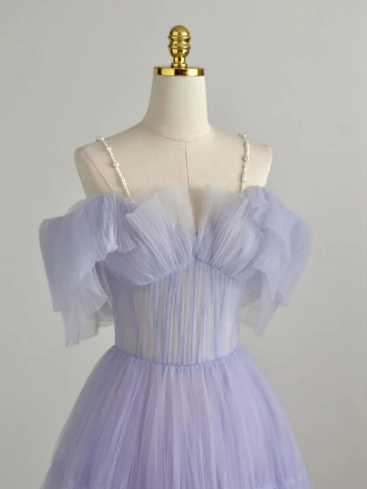 Elegante vestido de fiesta largo de tul color lavanda con tirantes finos y escote en A, corte en A, con hombros descubiertos y cuentas, vestido de noche GG282