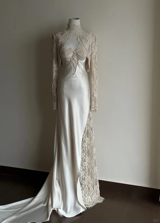 Vestido largo de fiesta, de noche y de satén de seda con tirantes finos y corte sirena, GG2830