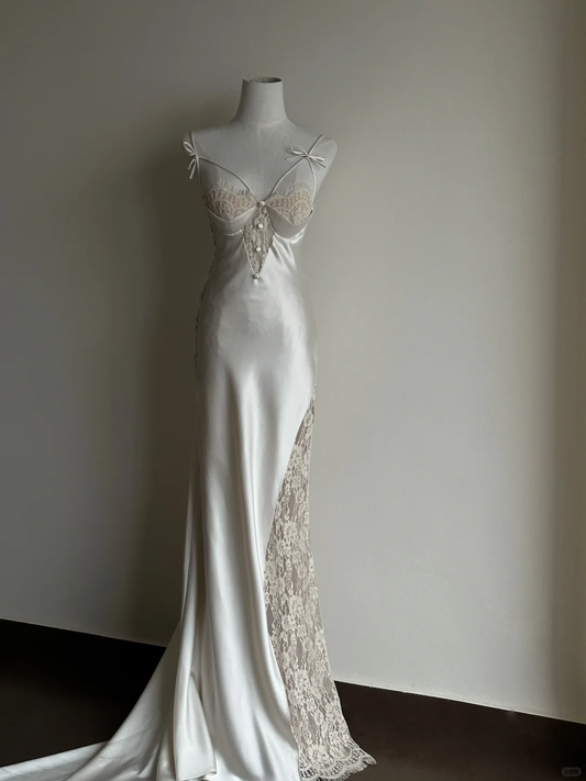 Vestido largo de fiesta, de noche y de satén de seda con tirantes finos y corte sirena, GG2830