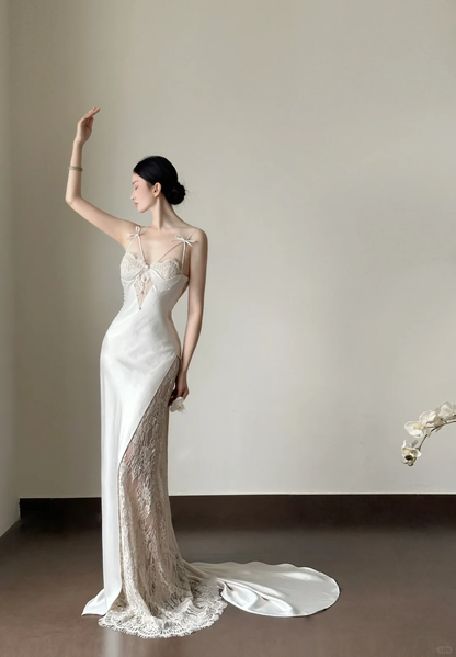 Vestido largo de fiesta, de noche y de satén de seda con tirantes finos y corte sirena, GG2830
