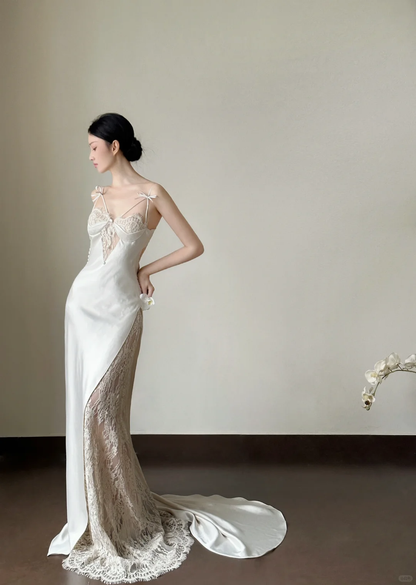 Vestido largo de fiesta, de noche y de satén de seda con tirantes finos y corte sirena, GG2830