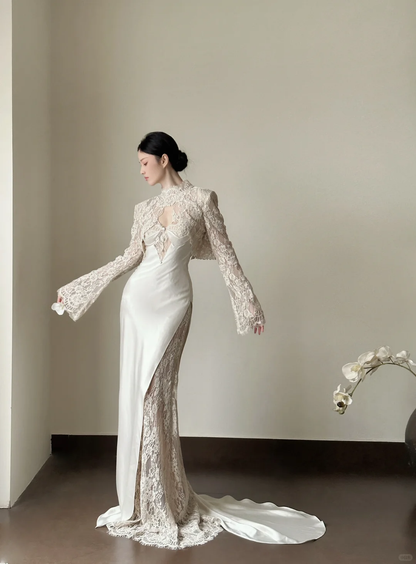 Vestido largo de fiesta, de noche y de satén de seda con tirantes finos y corte sirena, GG2830
