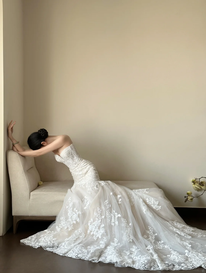 Hermoso vestido de fiesta largo de sirena sin tirantes con apliques de tul blanco, vestido de novia, vestido de noche GG2831