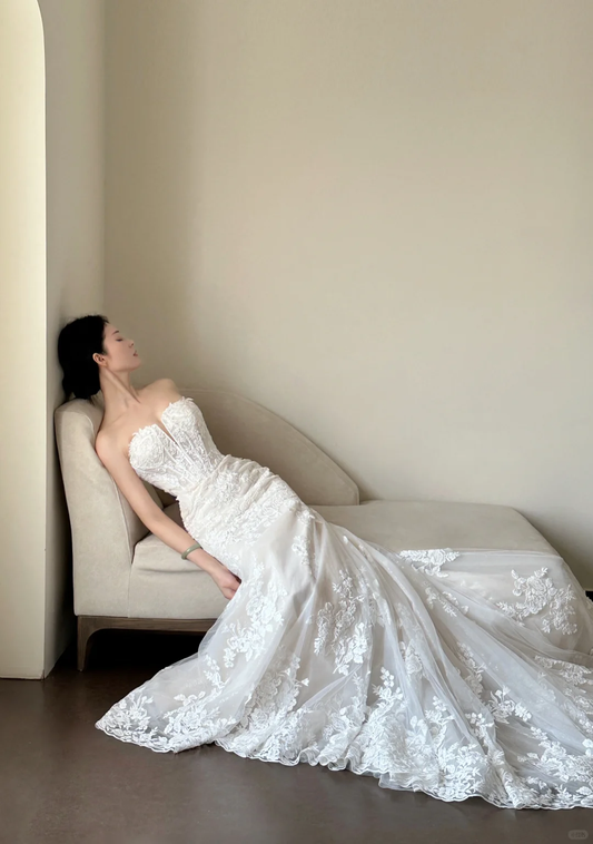 Gorgeous Mermaid Strapless White Tulle Applique Long Prom Dress, Wedding Dress, Evening Dress GG2831