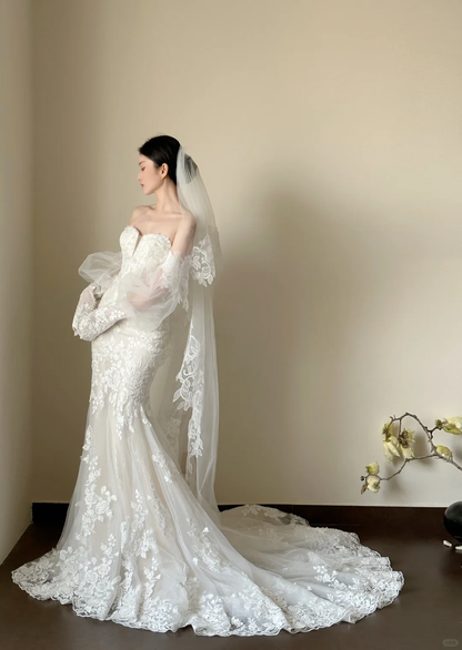 Hermoso vestido de fiesta largo de sirena sin tirantes con apliques de tul blanco, vestido de novia, vestido de noche GG2831