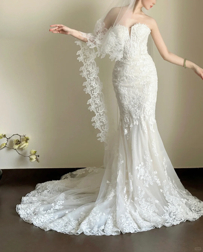 Hermoso vestido de fiesta largo de sirena sin tirantes con apliques de tul blanco, vestido de novia, vestido de noche GG2831