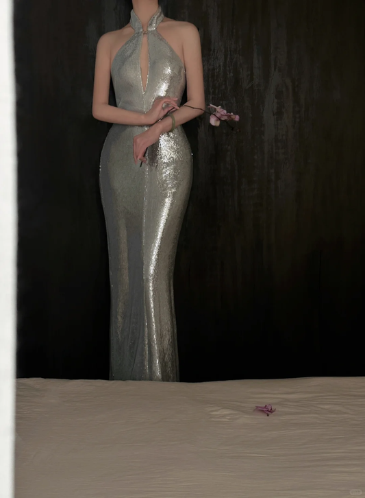 Vestido de fiesta largo con escote halter y lentejuelas plateadas, corte sirena brillante, para graduación, noche, GG2832