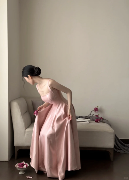 Vestido de fiesta largo de satén rosa con tirantes finos y corte en A, vestido de noche GG2835