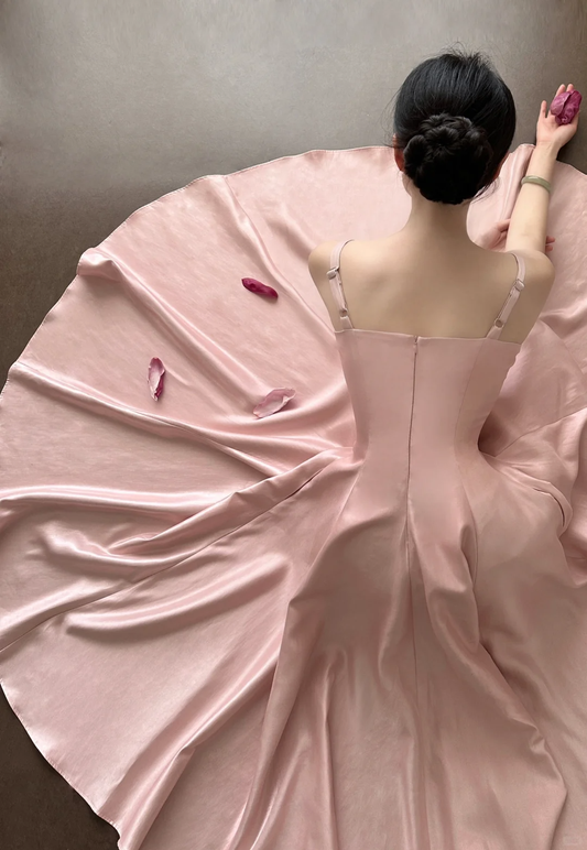 Vestido de fiesta largo de satén rosa con tirantes finos y corte en A, vestido de noche GG2835