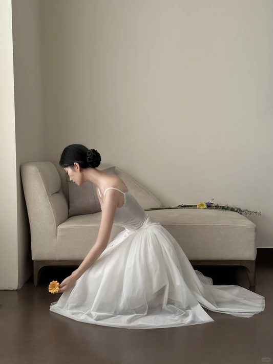 Vestido largo de satén blanco con tirantes finos, corte A, para fiesta de graduación o noche (GG2836)