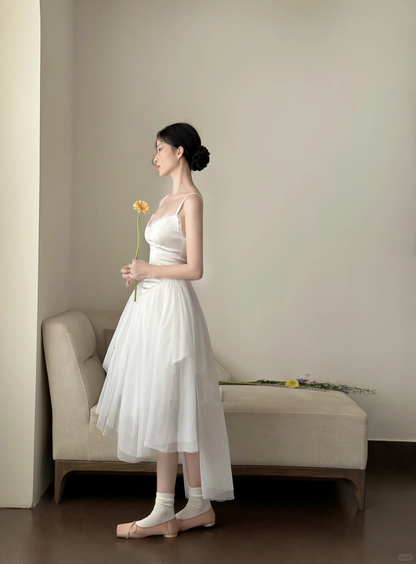 Vestido largo de satén blanco con tirantes finos, corte A, para fiesta de graduación o noche (GG2836)