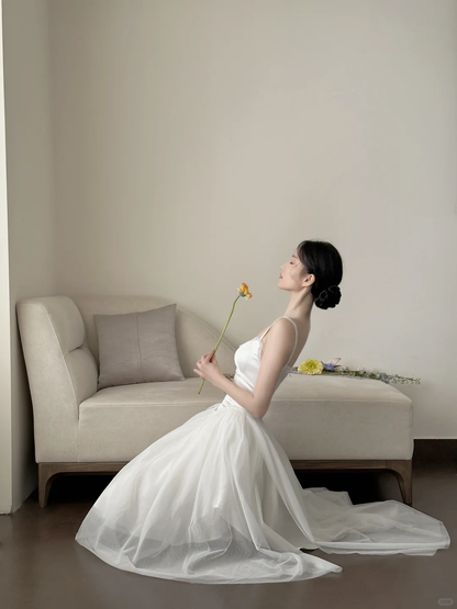 Vestido largo de satén blanco con tirantes finos, corte A, para fiesta de graduación o noche (GG2836)