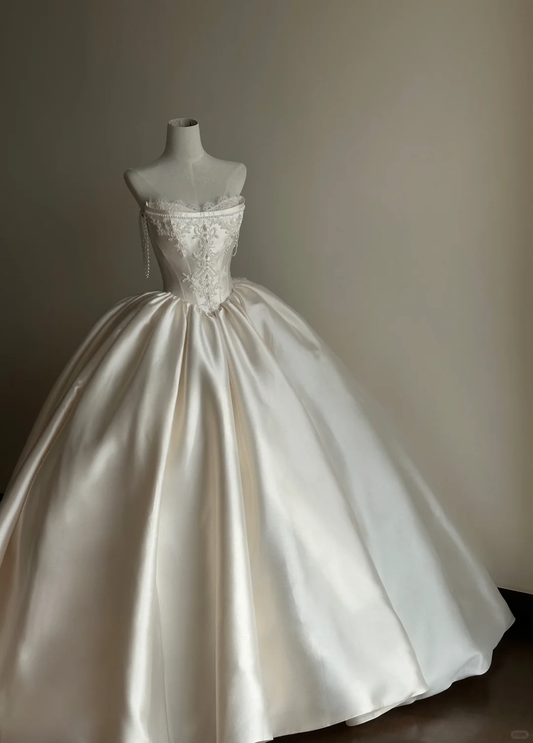 Stunning Ball Gown Spaghetti Straps Satin Applique Beaded Long Prom Dress, Wedding Dress, Evening Dress GG2838