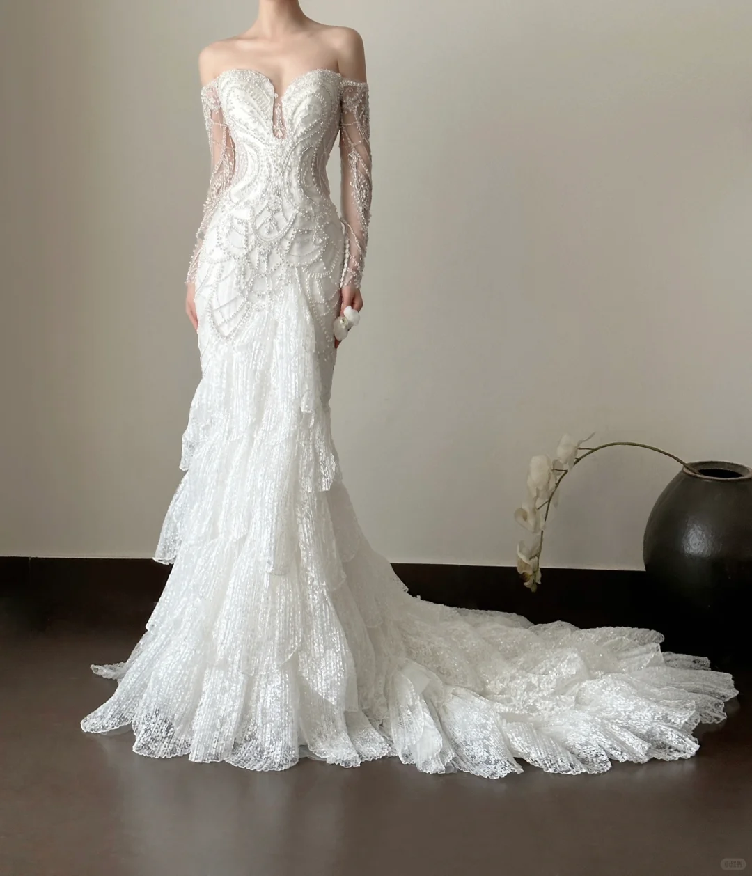 Vestido de fiesta largo de sirena, delicado, sin tirantes, con encaje y cuentas, mangas largas, vestido de novia, vestido de noche GG2840