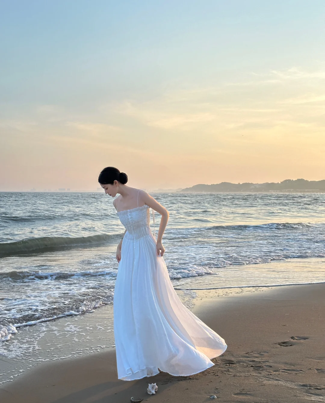 Vestido largo de gasa blanca con tirantes finos y corte en A, para fiesta de graduación o de noche, GG2844