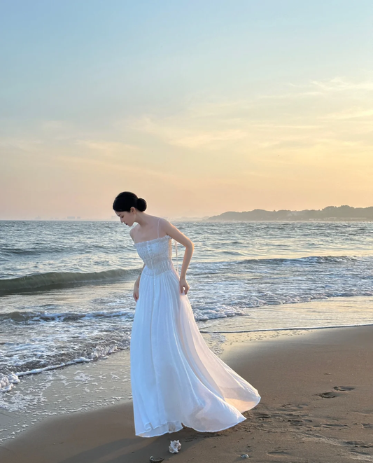 Vestido largo de gasa blanca con tirantes finos y corte en A, para fiesta de graduación o de noche, GG2844