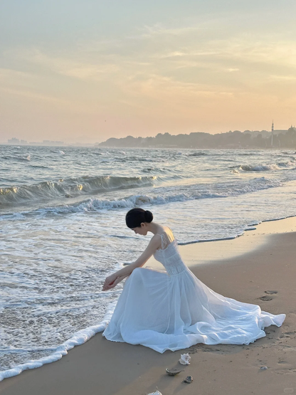 Vestido largo de gasa blanca con tirantes finos y corte en A, para fiesta de graduación o de noche, GG2844