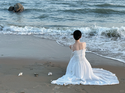 Vestido largo de gasa blanca con tirantes finos y corte en A, para fiesta de graduación o de noche, GG2844