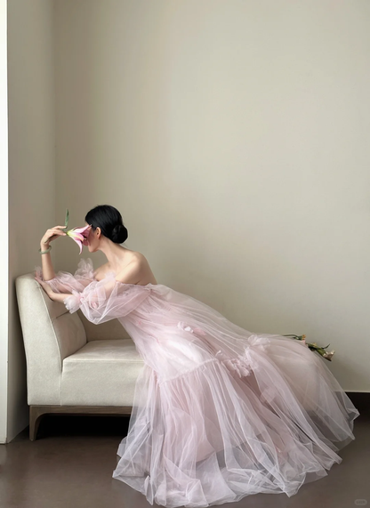 Unique Off The Shoulder Pink Satin Tulle Applique Long Prom Dress, Wedding Dress, Evening Dress GG2846