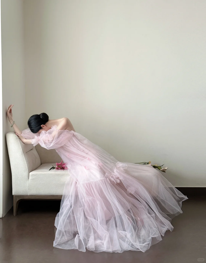 Unique Off The Shoulder Pink Satin Tulle Applique Long Prom Dress, Wedding Dress, Evening Dress GG2846