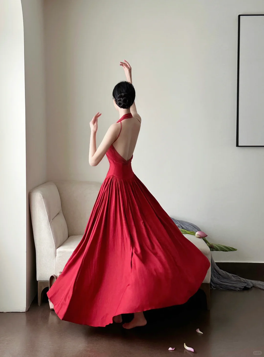 Elegante vestido de fiesta largo de satén burdeos con escote halter y espalda descubierta, corte A, GG2849