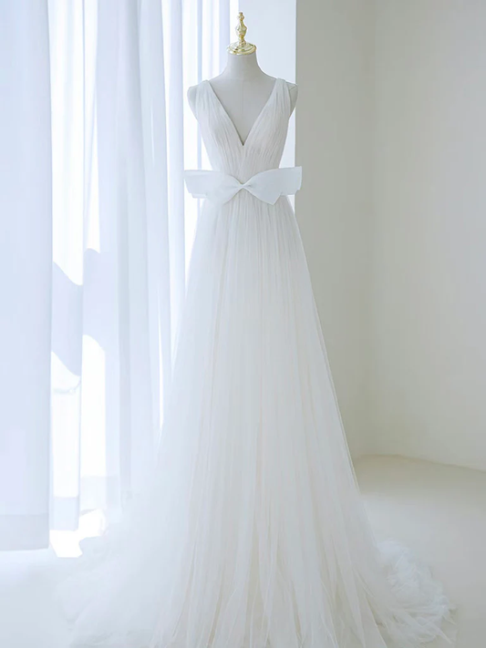Vestido de fiesta largo blanco sencillo con escote en V, corte A y hombros descubiertos, de tul y lazo, vestido de noche GG284