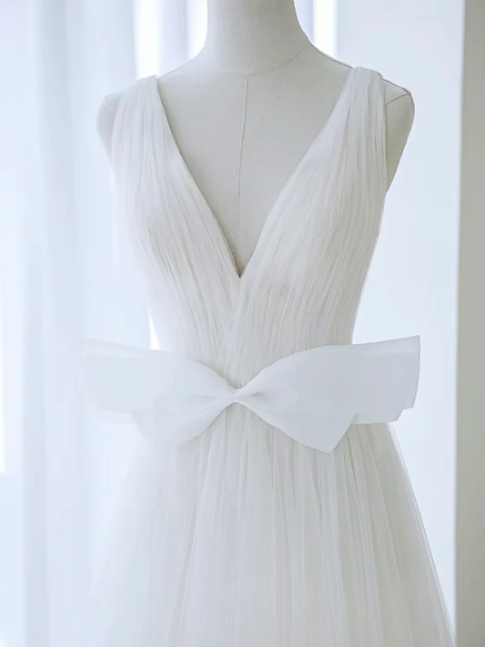 Vestido de fiesta largo blanco sencillo con escote en V, corte A y hombros descubiertos, de tul y lazo, vestido de noche GG284