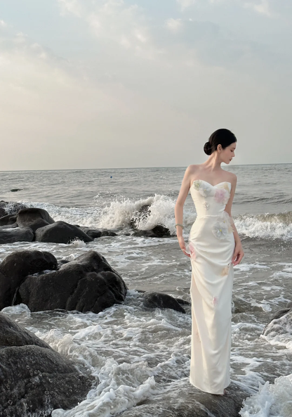 Elegante vestido de fiesta largo de satén con apliques y corte sirena, sin tirantes, para graduación, noche, GG2850