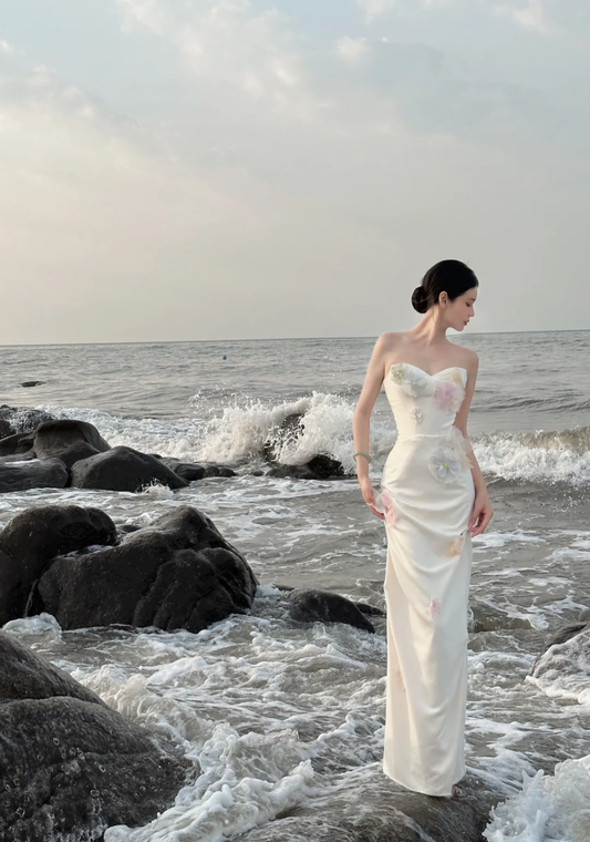 Elegante vestido de fiesta largo de satén con apliques y corte sirena, sin tirantes, para graduación, noche, GG2850