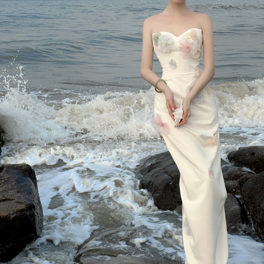 Elegante vestido de fiesta largo de satén con apliques y corte sirena, sin tirantes, para graduación, noche, GG2850