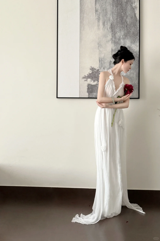 Vestido largo de fiesta, de noche y de gasa blanca con cuello halter y apliques, corte A, GG2853