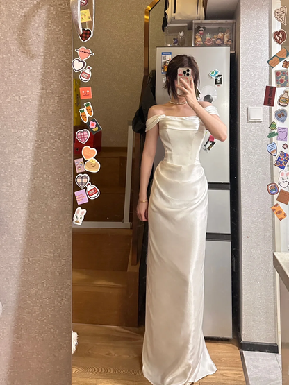 Elegante vestido de fiesta largo plisado de satén sin tirantes con corte sirena, vestido de fiesta y vestido de noche GG2860