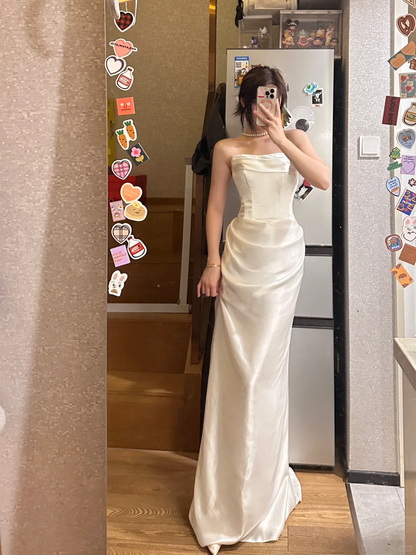 Elegante vestido de fiesta largo plisado de satén sin tirantes con corte sirena, vestido de fiesta y vestido de noche GG2860