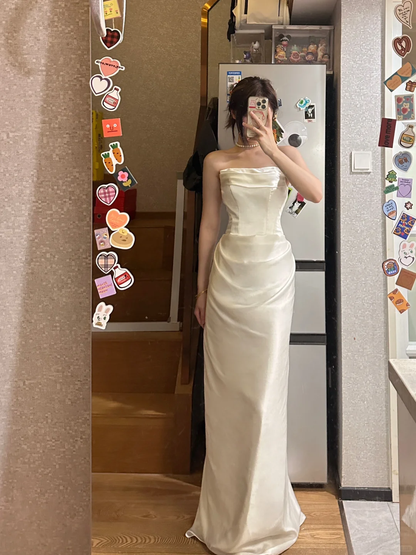 Elegante vestido de fiesta largo plisado de satén sin tirantes con corte sirena, vestido de fiesta y vestido de noche GG2860