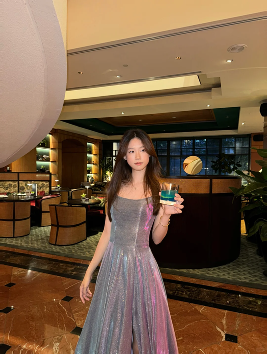 Vestido largo de satén con lentejuelas y tirantes finos, corte A brillante, para fiesta de graduación o de noche (GG2863)