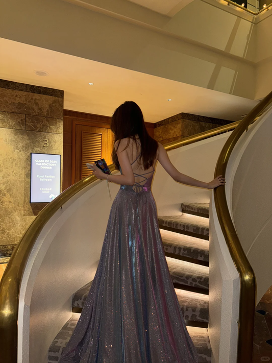 Vestido largo de satén con lentejuelas y tirantes finos, corte A brillante, para fiesta de graduación o de noche (GG2863)